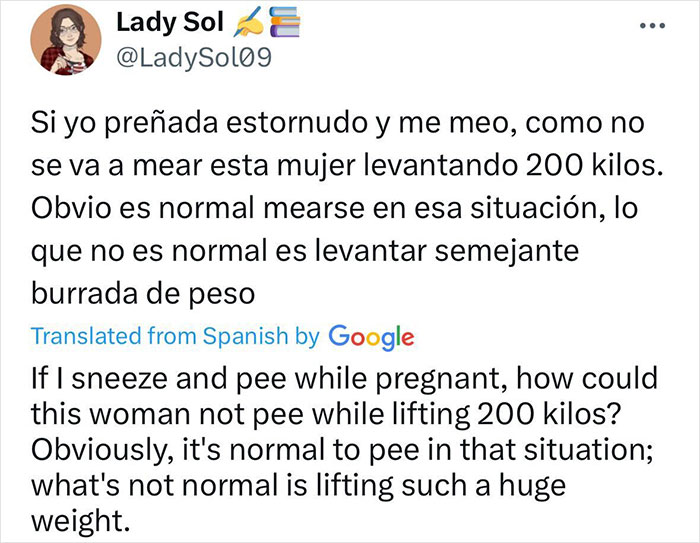 Tweet discussing a viral video of a woman urinating while powerlifting 200 kilos, sparking debate online. Tweet discussing a viral video of a woman urinating while powerlifting 200 kilos, sparking debate online.