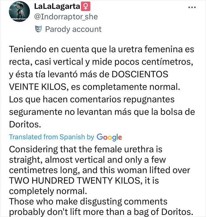 Tweet discussing female urethra anatomy and powerlifting, referencing viral video of woman urinating during competition. Tweet discussing female urethra anatomy and powerlifting, referencing viral video of woman urinating during competition.