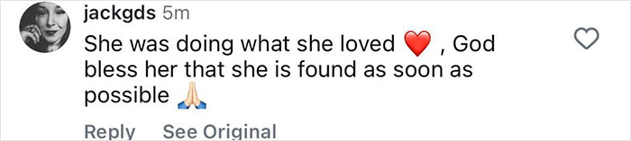 Social media comment expressing hope for the safe recovery of a female tourist abandoned by guide during Indonesian volcano hike.