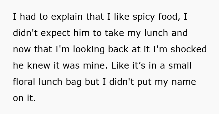 A woman surprised as coworker steals her spicy lunch, causing unexpected accusations of poisoning at work. A woman surprised as coworker steals her spicy lunch, causing unexpected accusations of poisoning at work.