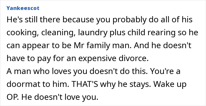 Comment text discussing a wife’s doubts about her husband’s love despite an 8-year affair in a bizarre situation. Comment text discussing a wife’s doubts about her husband’s love despite an 8-year affair in a bizarre situation.