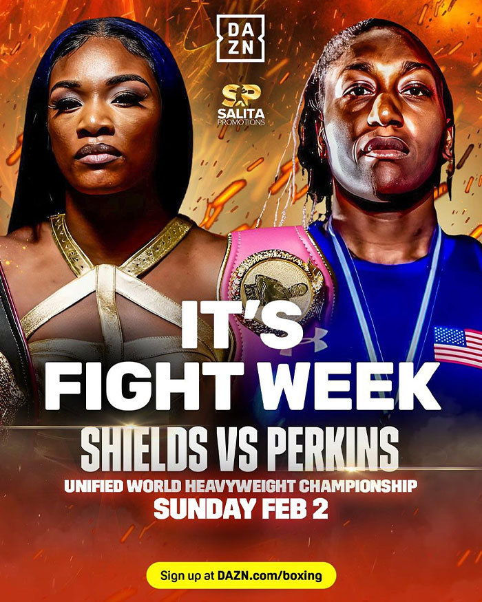 Claressa Shields and opponent posing for Unified World Heavyweight Championship fight week promotion.