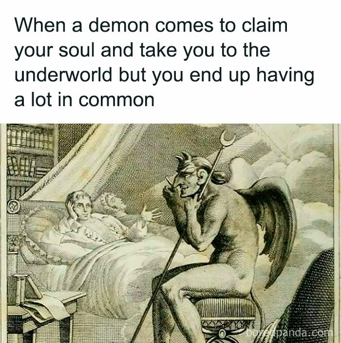 Classical art meme showing a demon sitting by a bed talking to a man in a chaotic and iconic classical art style.