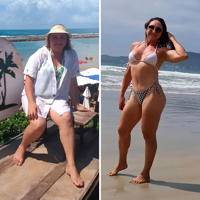 Before-and-after photos of a woman showing her transformation into a bodybuilding champion at the beach. Before-and-after photos of a woman showing her transformation into a bodybuilding champion at the beach.