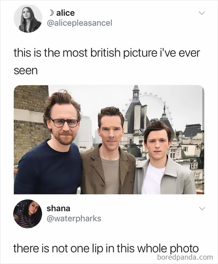 Relatable meme featuring British actors on a rooftop with London landmarks, shared for a laugh today.