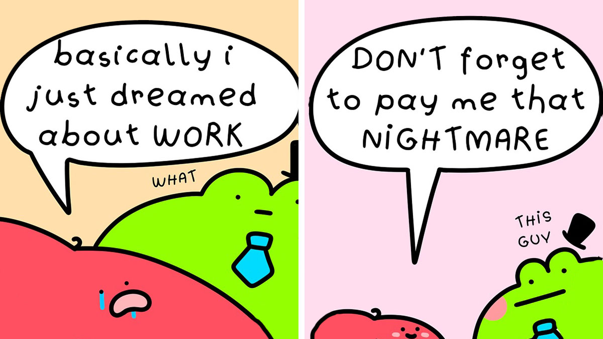 Funny fruit comics with playful characters delivering humorous dialogue about work and nightmares in colorful panels.