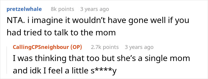 Screenshot of an online discussion about a mom throwing her kid out on a cold Christmas night and neighbors calling CPS.