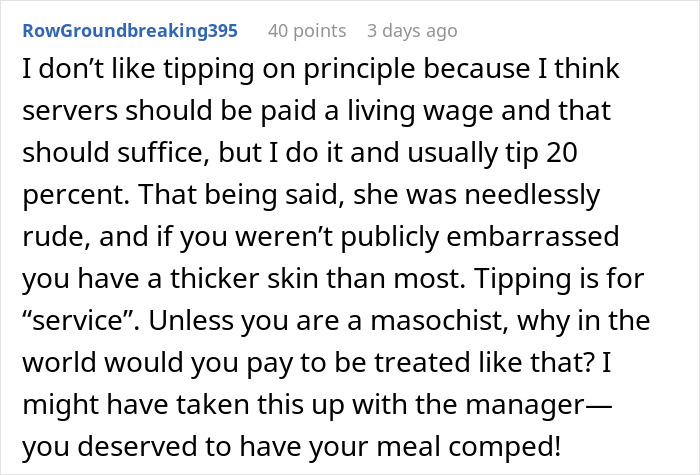 Comment about tipping principles and rude service, discussing tipping and fair pay in a tipping 83¢ debate. Comment about tipping principles and rude service, discussing tipping and fair pay in a tipping 83¢ debate.
