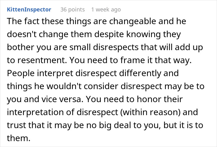Comment discussing how small acts of disrespect in a marriage can lead to resentment and misunderstandings between spouses. Comment discussing how small acts of disrespect in a marriage can lead to resentment and misunderstandings between spouses.