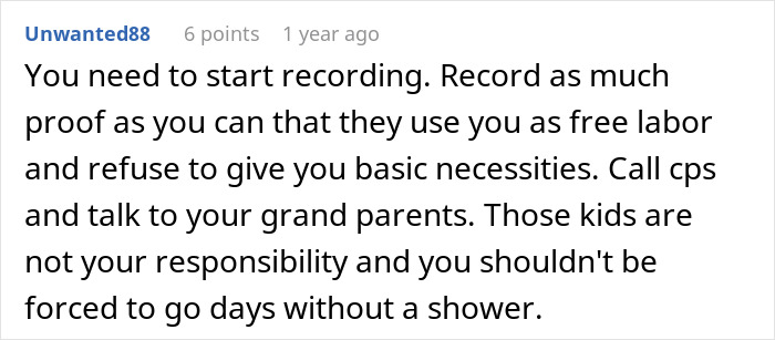 Comment advising a teen girl struggling to babysit step siblings, emphasizing recording proof and seeking help from CPS and grandparents.