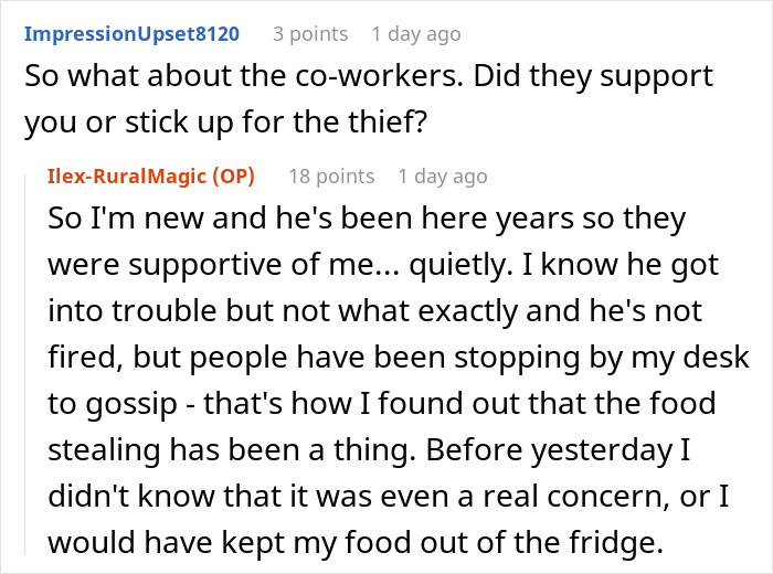Screenshot of a Reddit conversation about a coworker stealing a woman’s spicy lunch and the fallout at work. Screenshot of a Reddit conversation about a coworker stealing a woman’s spicy lunch and the fallout at work.