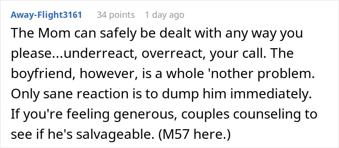 Comment advising to dump boyfriend immediately after mom calls woman a downgrade and compares her to his classy ex.