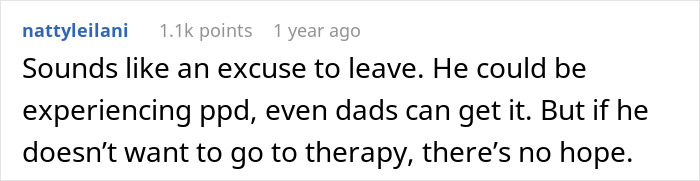 Screenshot of a Reddit comment discussing a man unable to bond with his daughter who was a cesarean baby, debating therapy options. Screenshot of a Reddit comment discussing a man unable to bond with his daughter who was a cesarean baby, debating therapy options.