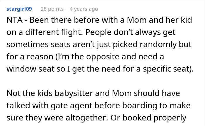 Text of a Reddit comment about not switching airplane seats with a mother and ignoring her children on a flight. Text of a Reddit comment about not switching airplane seats with a mother and ignoring her children on a flight.