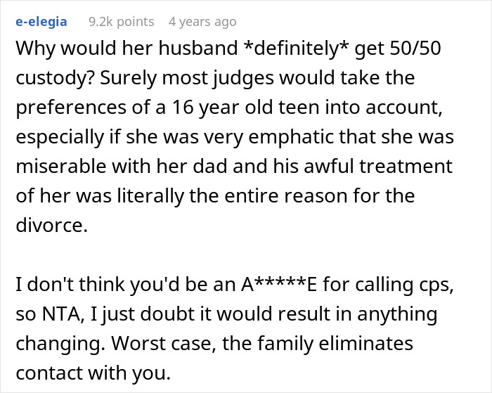Comment discussing custody concerns and debating calling CPS after learning about niece’s home life challenges. Comment discussing custody concerns and debating calling CPS after learning about niece’s home life challenges.