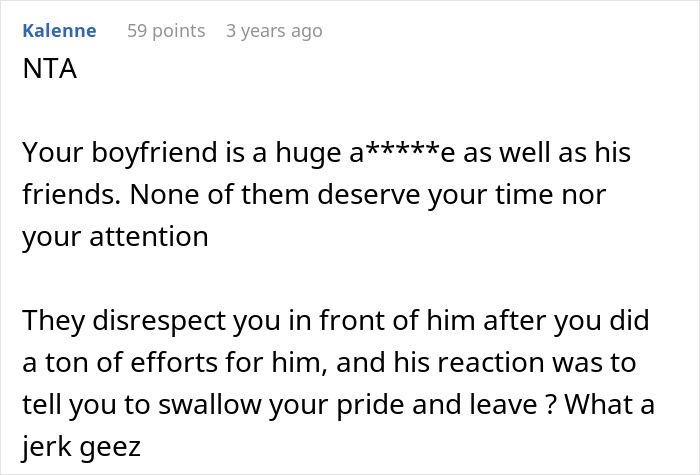 Excerpt from online discussion about woman refusing to leave party she planned amid boyfriend and friends demanding privacy. Excerpt from online discussion about woman refusing to leave party she planned amid boyfriend and friends demanding privacy.