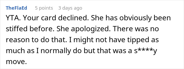 Comment on tipping etiquette, discussing a declined card and the impact on tipping 83 cents in a social context. Comment on tipping etiquette, discussing a declined card and the impact on tipping 83 cents in a social context.