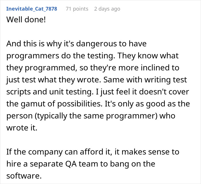 Comment discussing how lead restricts exploratory testing as developers begin reporting bugs in the game during QA.
