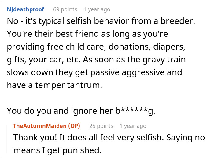 Comment exchange about selfish behavior involving too much babysitting and child-free lady setting boundaries with sister. Comment exchange about selfish behavior involving too much babysitting and child-free lady setting boundaries with sister.