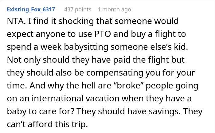 Screenshot of a forum comment discussing a couple flying out to babysit nephew while sister refuses to pay for flights. Screenshot of a forum comment discussing a couple flying out to babysit nephew while sister refuses to pay for flights.