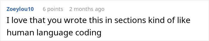 Screenshot of a forum comment praising the use of human language coding in writing style. Screenshot of a forum comment praising the use of human language coding in writing style.