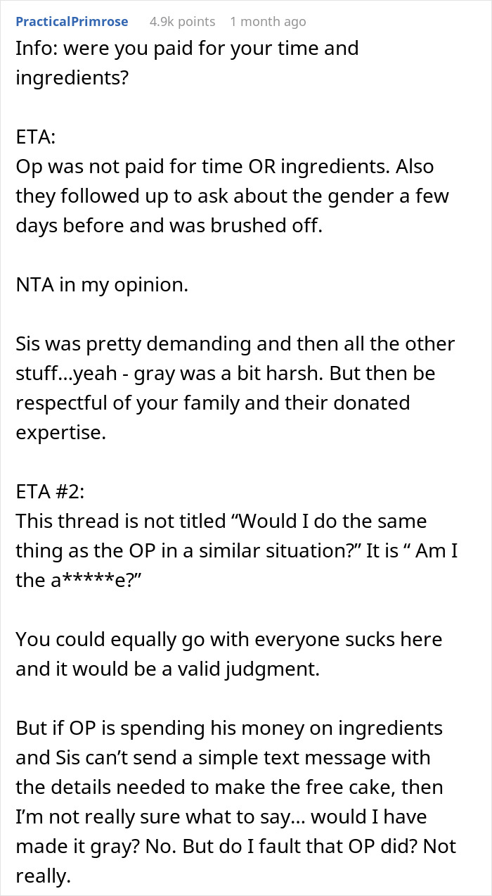 Comment thread discussing gray cake failure at gender reveal party, highlighting pregnant sister's demanding role and blame. Comment thread discussing gray cake failure at gender reveal party, highlighting pregnant sister's demanding role and blame.