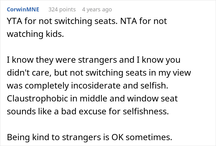 Screenshot of a Reddit comment discussing not switching seats with a mother on an airplane and ignoring her children. Screenshot of a Reddit comment discussing not switching seats with a mother on an airplane and ignoring her children.