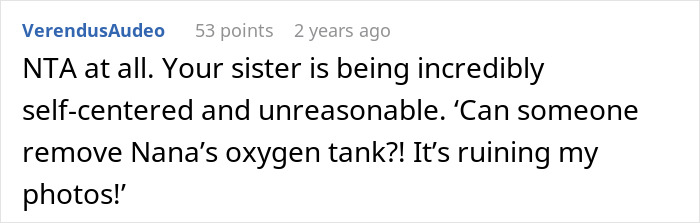 Comment about woman refusing to risk health for sister’s wedding photo, causing family upset over aesthetics. Comment about woman refusing to risk health for sister’s wedding photo, causing family upset over aesthetics.