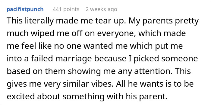 Comment from pacifistpunch expressing emotional response about parental neglect and relating to a kid wanting attention and excitement.