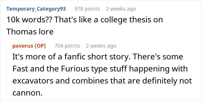 Screenshot of a forum discussion about a lengthy fanfiction story involving excavators and combines.