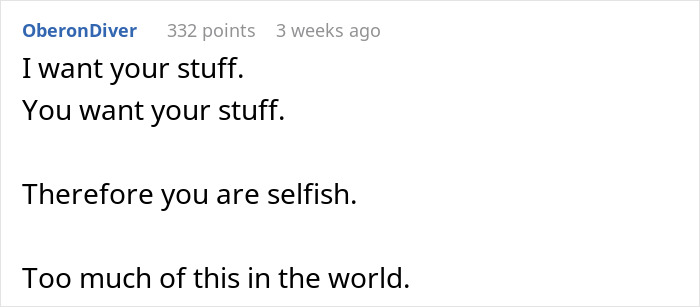 Comment reading I want your stuff and you want your stuff, highlighting selfishness and wedding dress sisters drama. Comment reading I want your stuff and you want your stuff, highlighting selfishness and wedding dress sisters drama.