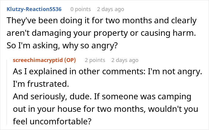 Online conversation where a person shares frustration about strangers using their patio without permission. Online conversation where a person shares frustration about strangers using their patio without permission.