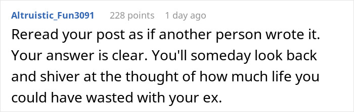 Comment text on a white background about rereading a post and reflecting on wasted life with an ex; woman move Alaska alone theme. Comment text on a white background about rereading a post and reflecting on wasted life with an ex; woman move Alaska alone theme.