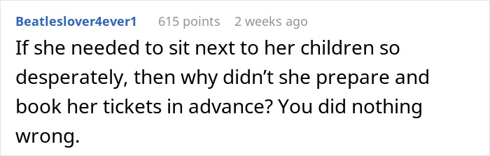 Screenshot of a Reddit comment discussing a mom insisting a woman give up her seat on a 10-hour flight.