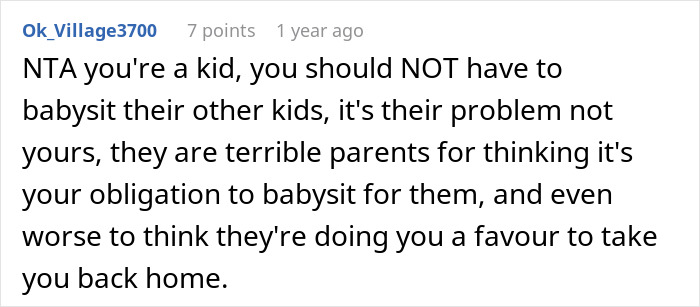 Comment discussing teen girl struggle babysit step siblings, arguing it&rsquo;s unfair responsibility for a kid to babysit others' children.