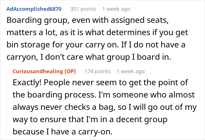 Comments discussing plane passenger cutting cue and importance of boarding group for carry-on bin storage. Comments discussing plane passenger cutting cue and importance of boarding group for carry-on bin storage.