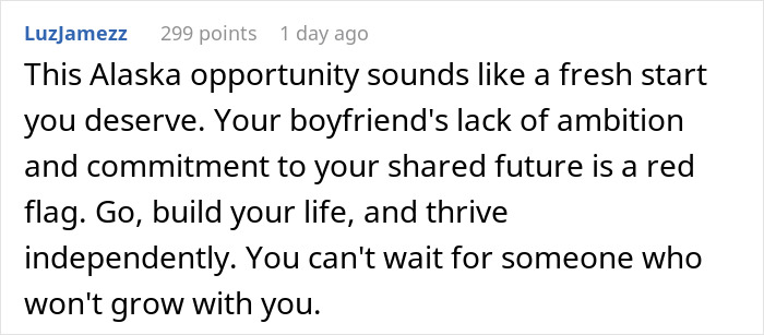 Comment encouraging a woman to move Alaska alone for a fresh start and thrive independently from lack of partner ambition. Comment encouraging a woman to move Alaska alone for a fresh start and thrive independently from lack of partner ambition.