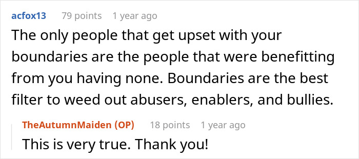 Screenshot of a Reddit conversation about setting boundaries related to babysitting and family relationships. Screenshot of a Reddit conversation about setting boundaries related to babysitting and family relationships.