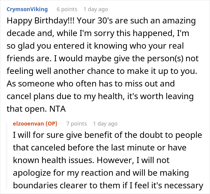 Comments from longtime friends discussing a ghost friend at a birthday, sharing support and setting boundaries. Comments from longtime friends discussing a ghost friend at a birthday, sharing support and setting boundaries.