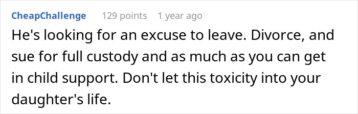 Screenshot of a Reddit comment discussing divorce and custody related to bonding issues with a cesarean baby daughter. Screenshot of a Reddit comment discussing divorce and custody related to bonding issues with a cesarean baby daughter.