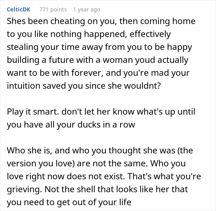 Screenshot of a comment discussing betrayal and intuition after a PI revealed truths about a partner's infidelity. Screenshot of a comment discussing betrayal and intuition after a PI revealed truths about a partner's infidelity.