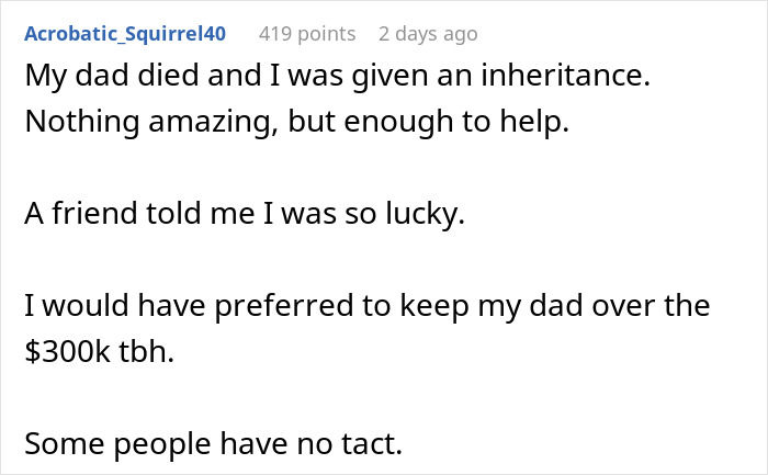 Text post about woman wanting half of best friend’s inheritance due to a difficult childhood, and blocking her when refused.