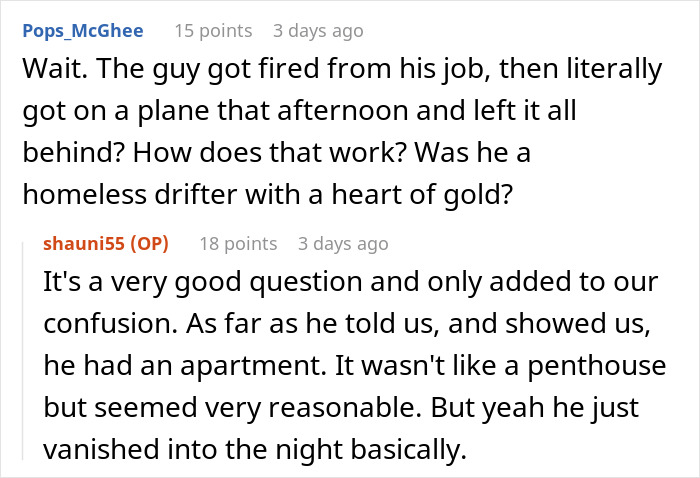 Text conversation about an influencer marketing coworker who lived a lie and suddenly disappeared after being fired. Text conversation about an influencer marketing coworker who lived a lie and suddenly disappeared after being fired.
