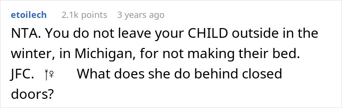 Screenshot of an online comment discussing a mom throwing her kid outside on a cold night for not making the bed.