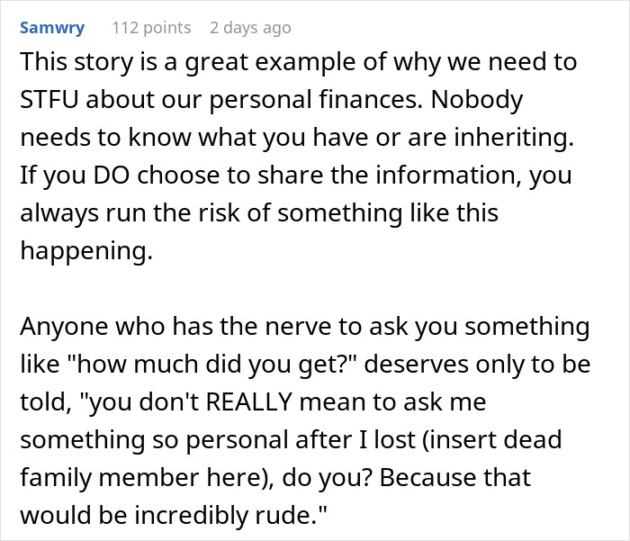Text post discussing risks of sharing inheritance details and handling rude questions about inheritance after loss.