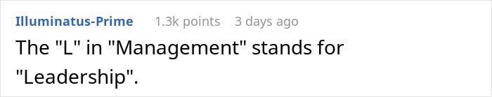 Screenshot of a Reddit comment humorously defining the L in management as leadership in a casual discussion. Screenshot of a Reddit comment humorously defining the L in management as leadership in a casual discussion.