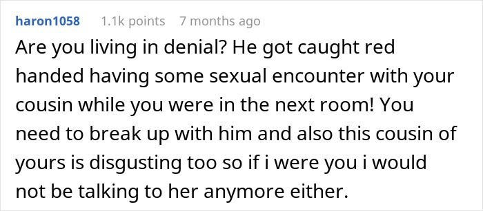 Comment discussing fiancé and cousin caught together in bathroom during party, questioning innocence and trust issues. Comment discussing fiancé and cousin caught together in bathroom during party, questioning innocence and trust issues.