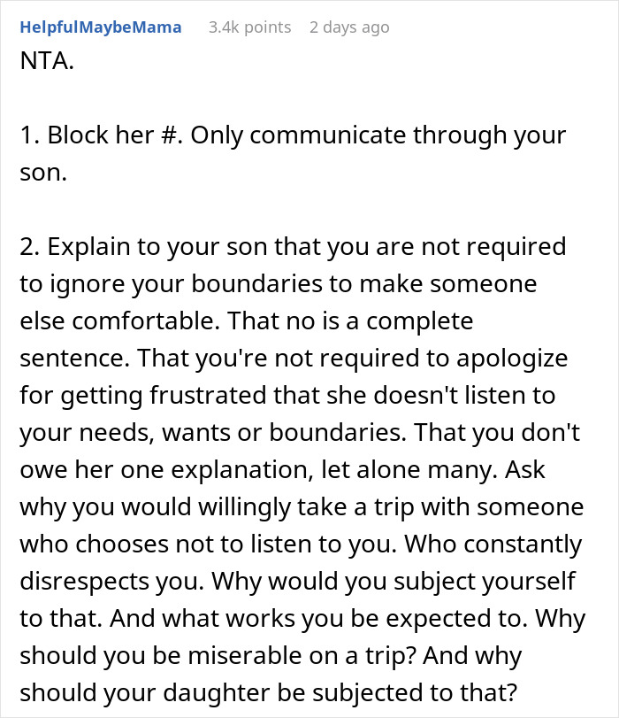 Reddit comment giving advice on maintaining boundaries between daughter-in-law and mother-in-law relationships. Reddit comment giving advice on maintaining boundaries between daughter-in-law and mother-in-law relationships.