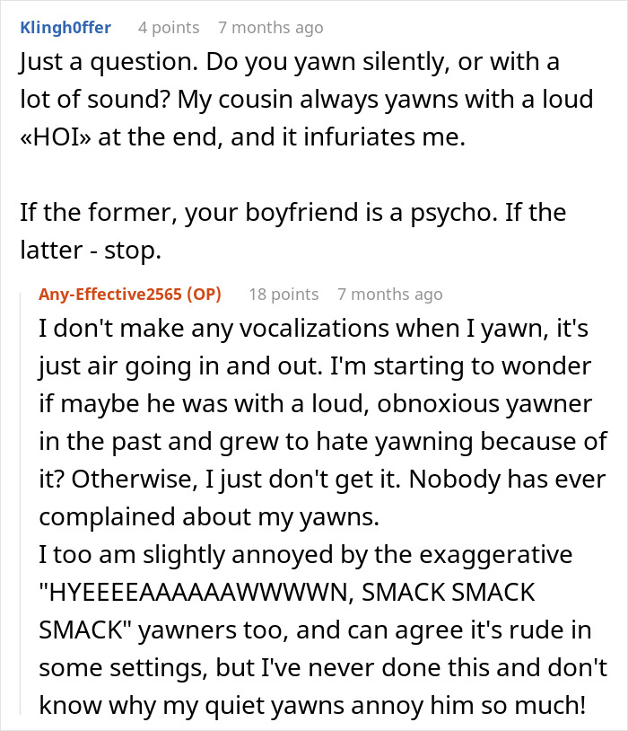 Reddit conversation about man who hates yawning and elbows sleeping fiancée, causing her to snap and leave the bedroom.