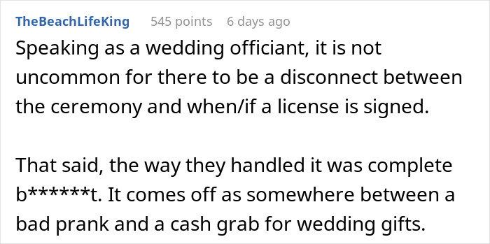 Comment discussing a wedding officiant's perspective on guests shocked and confused after couple reveals they eloped years earlier. Comment discussing a wedding officiant's perspective on guests shocked and confused after couple reveals they eloped years earlier.